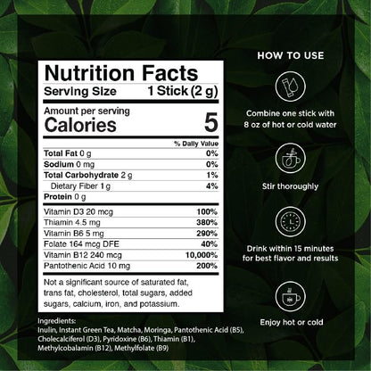 VitaCup Green Tea Instant Packets, Enhance Energy & Detox with Matcha, Moringa, B Vitamins, D3, Fiber, Keto, Paleo, Vegan in Tea Powder Single Serving Sticks, 10 Ct