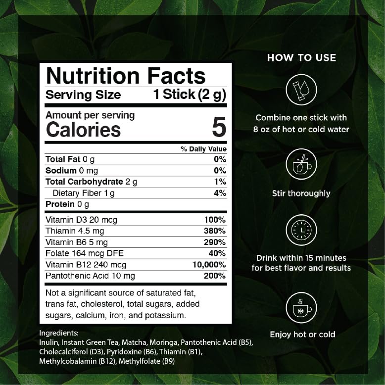 VitaCup Green Tea Instant Packets, Enhance Energy & Detox with Matcha, Moringa, B Vitamins, D3, Fiber, Keto, Paleo, Vegan in Tea Powder Single Serving Sticks, 10 Ct - görsel 4