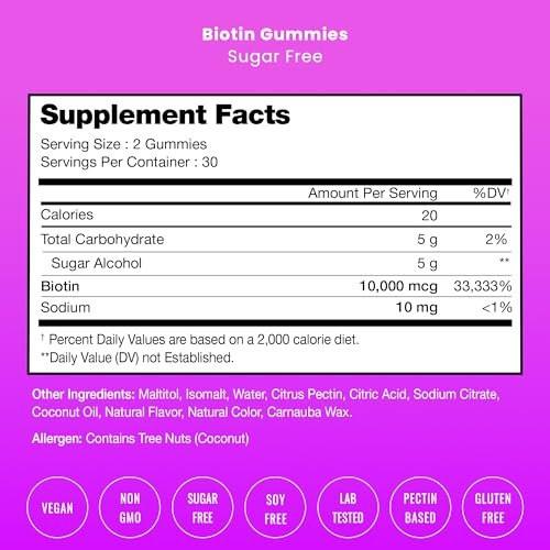 NutraChamps Sugar Free Biotin Gummies 10000mcg [High Potency] - Healthy Hair, Skin & Nails for Women, Men & Kids - 5000mcg in Each Gummy - Vegan, Non-GMO, Hair Health Vitamins Supplement - Raspberry - görsel 3
