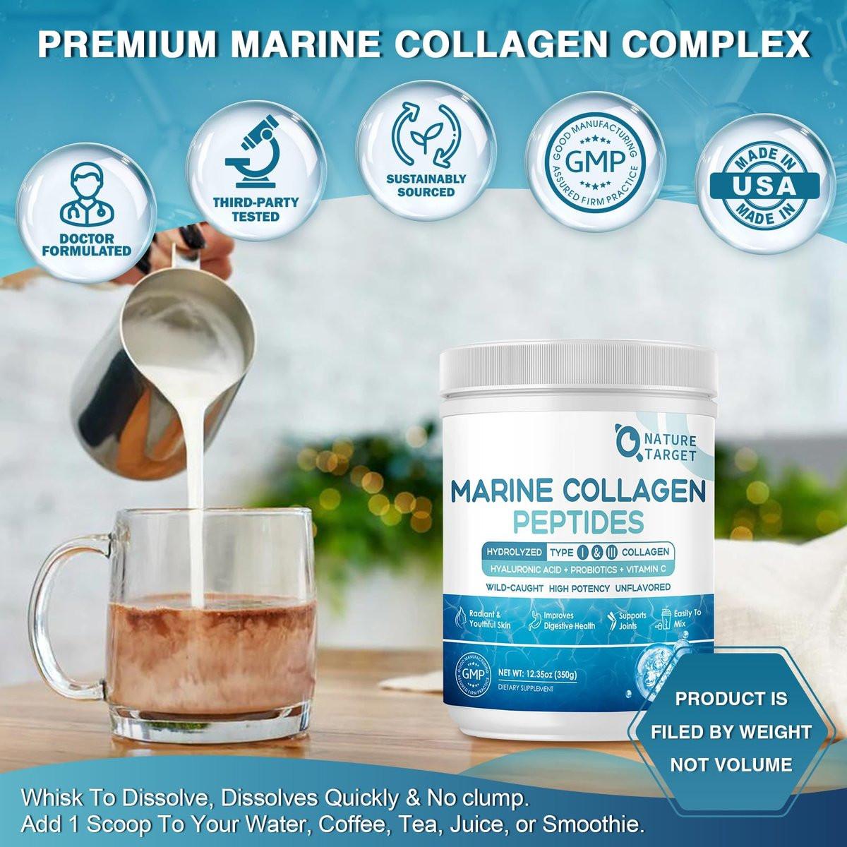 NATURE TARGET Marine Collagen Peptides Powder - Type I & III Collagen with Probiotics, Vitamin C & Hyaluronic Acid for Skin, Hair, Nails, Wild-Caught Fish & Grass-Fed Bovine, 35 Servings - görsel 6