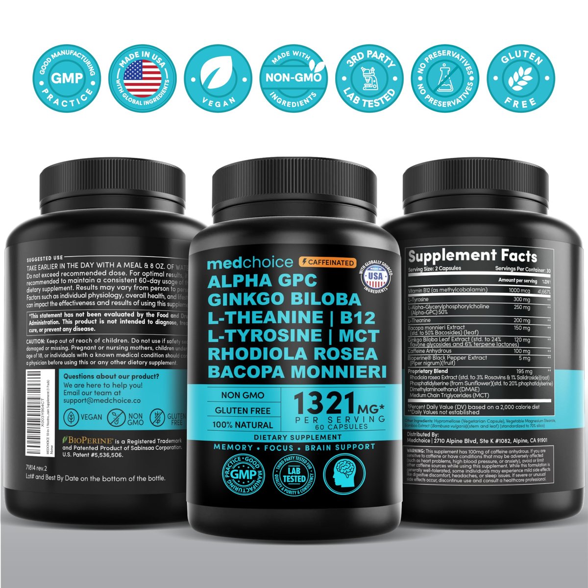 12-in-1 Nootropic Brain Supplement with Caffeine Anhydrous: Ginkgo Biloba for Brain Support, Memory and Focus - B12, Alpha GPC, L Theanine and Choline Supplements with Bioperine with 1321mg (60ct) - görsel 10
