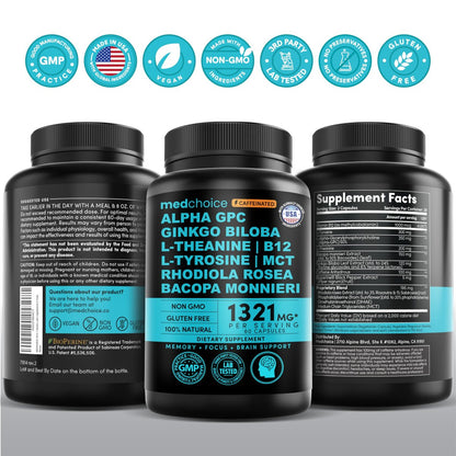 12-in-1 Nootropic Brain Supplement with Caffeine Anhydrous: Ginkgo Biloba for Brain Support, Memory and Focus - B12, Alpha GPC, L Theanine and Choline Supplements with Bioperine with 1321mg (60ct)