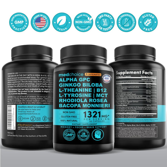 12-in-1 Nootropic Brain Supplement with Caffeine Anhydrous: Ginkgo Biloba for Brain Support, Memory and Focus - B12, Alpha GPC, L Theanine and Choline Supplements with Bioperine with 1321mg (60ct)