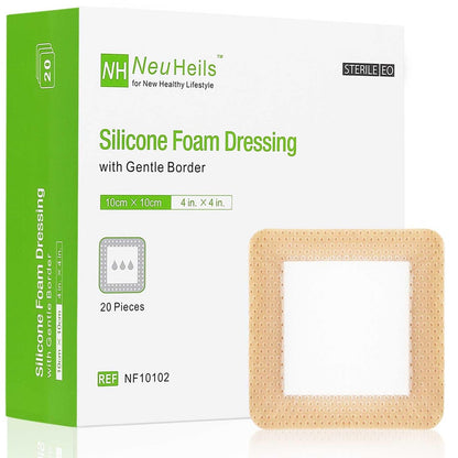 NeuHeils Silicone Foam Dressing with Gentle Border 4''x4'', 20 Pack for Bed Sore Leg Ulcer, High Absorbency Large Waterproof Silicone Wound Bandage