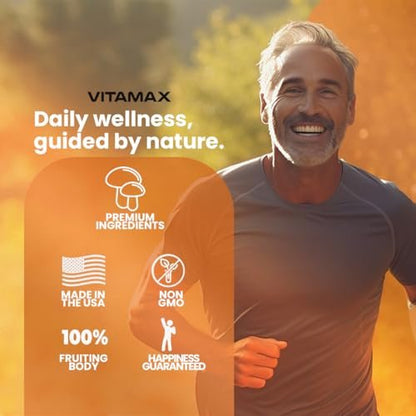 Vitamax Lions Mane Mushroom, Turkey Tail, Chaga & Reishi, Cordyceps Shiitake White Elm King Trumpet Nameko Oyster Porcini Focus & Energy - Made in USA (60 Capsules)