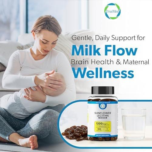 TRUEMED Organic Sunflower Lecithin 1200 mg – Sunflower Lecithin Breastfeeding Supplement for Moms – Supports Milk Flow, Clogged Duct Relief, Brain & Liver Health – Soy-Free, Non-GMO – 100 Softgels - görsel 4