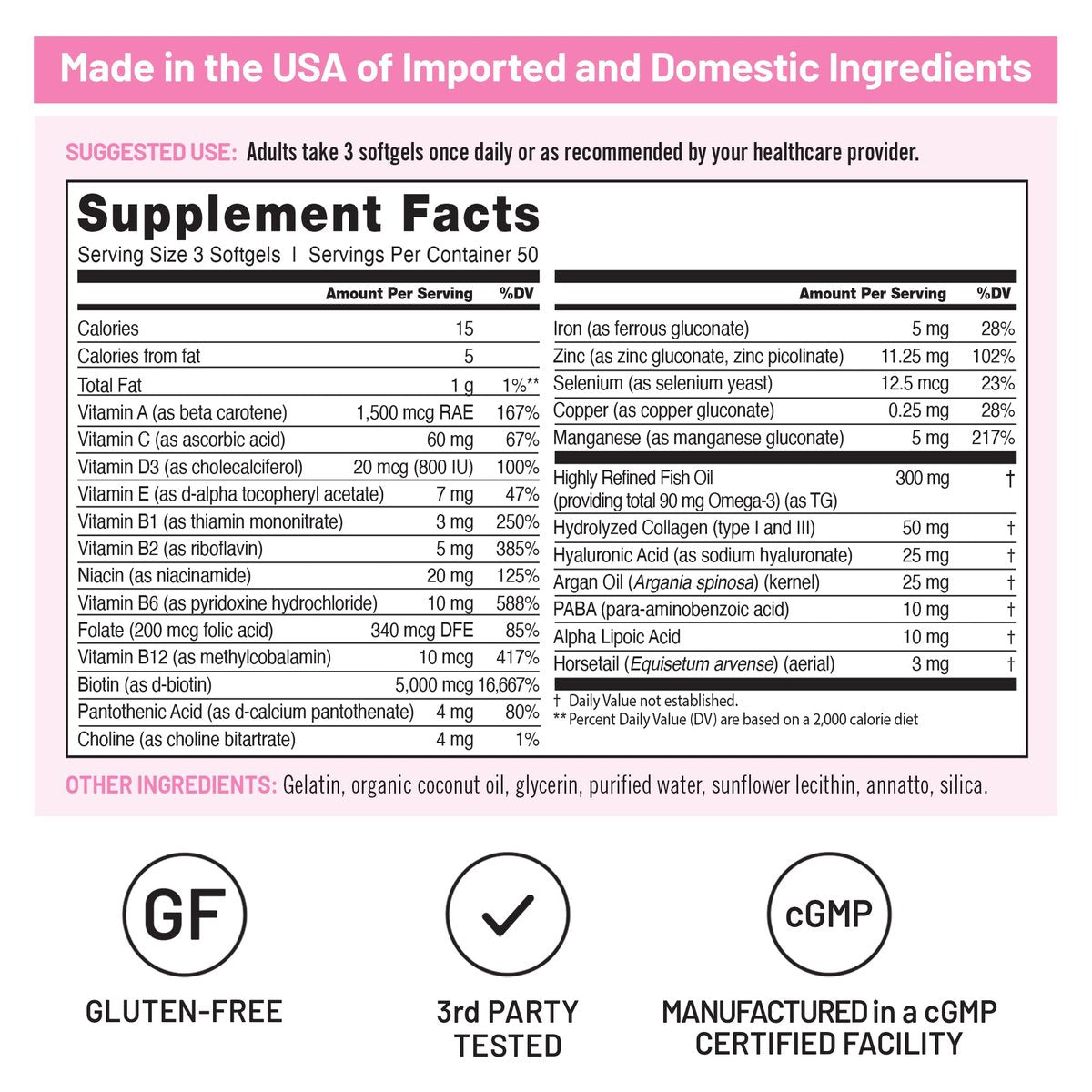 NatureWise Hair Skin and Nails Vitamin, Biotin 5000mcg w/Hyaluronic Acid, Collagen for Women with C, B Complex, D3, A, E, Iron - Non-GMO, Gluten Free - 150 Softgels [50-Day Supply] - görsel 7