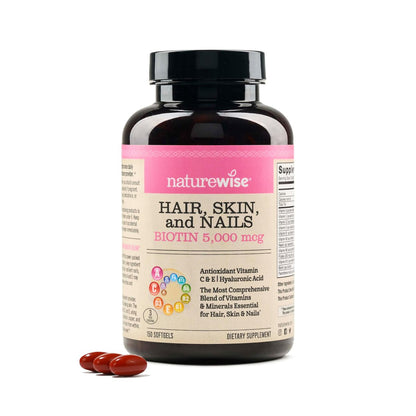 NatureWise Hair Skin and Nails Vitamin, Biotin 5000mcg w/Hyaluronic Acid, Collagen for Women with C, B Complex, D3, A, E, Iron - Non-GMO, Gluten Free - 150 Softgels [50-Day Supply]