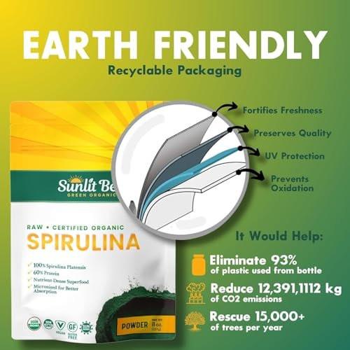 Sunlit Best Spirulina Powder Organic USDA - Chlorophyll, Fast Absorption, Blue-Green Spirulina Algae, Raw Vegan Protein - Non-GMO, Gluten Free Superfood Energy, Gut, Immune Support Supplement - 8 Oz - görsel 14