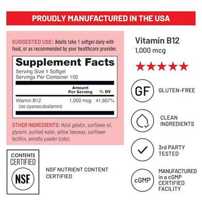 NatureWise Vitamin B12 1000 mcg - Dietary Supplement for Supporting Energy Metabolism, Mental Clarity, Nervous System Health - Easy-to-Swallow, Soy & Gluten-Free - 150 Count [150-Day Supply]