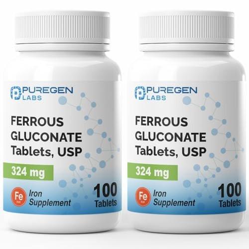 Puregen Labs Ferrous Gluconate 324 mg [High Potency] Iron Supplement, Gentle on Stomach | 2 Pack - 200 Tablets Total - görsel 2