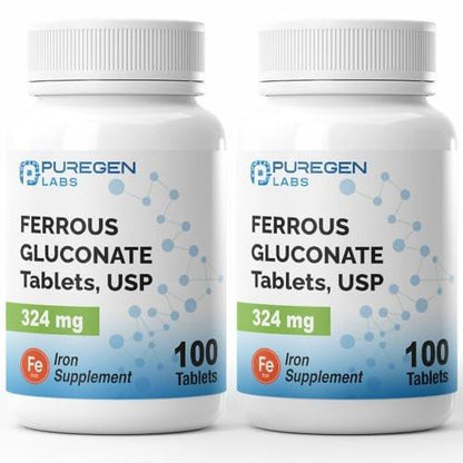 Puregen Labs Ferrous Gluconate 324 mg [High Potency] Iron Supplement, Gentle on Stomach | 2 Pack - 200 Tablets Total