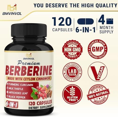 BMVINVOL 6in1 Berberine Supplement with Ceylon Cinnamon, Turmeric Root, Milk Thistle, Artichoke, Black Pepper - 120 Capsules for 4 Month Supply - görsel 2