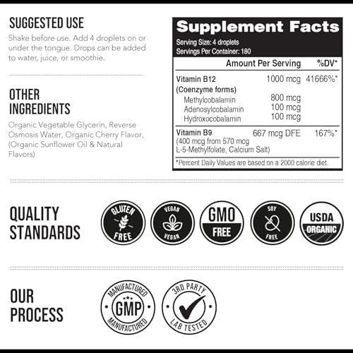 BioActive Vitamin B12 1000 mcg | Contains 3 BioActive Forms B12 Plus Methylfolate Cofactor - Methyl B12, Adenosyl B12 & Hydroxy B12 | Sublingual Form, Cherry Flavor, Organic, Vegan (180 Servings) - görsel 3
