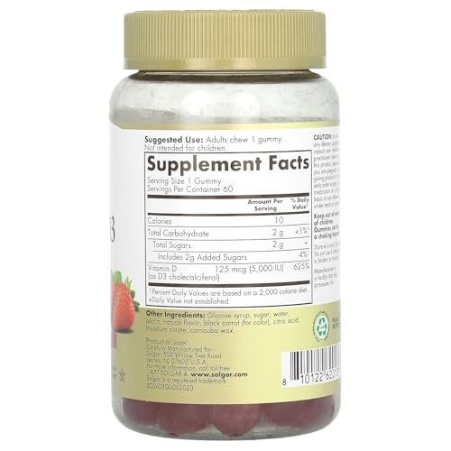 Solgar Vitamin D3 Gummies for Adults 5,000IU Ultra Potency Vitamin Immune System Support for Women & Men - Tasty Strawberry Flavor, Gluten & Gelatin Free Gummy, 2 Month Supply, 60 Servings, 2g Sugar - görsel 2