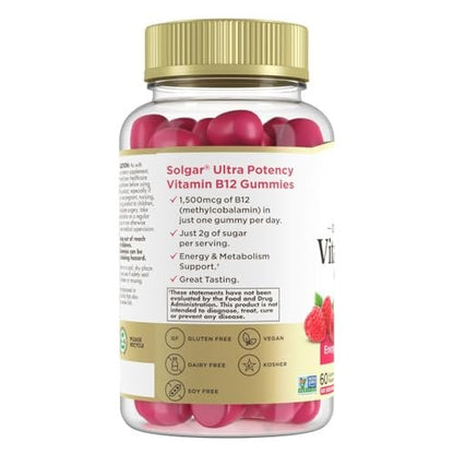 Solgar Methyl B12 Gummies for Adults 1,500mcg Ultra Potency Vitamin for Energy & Metabolism Support, Raspberry Flavor, Vegan & Gluten-Free Gummy for Women & Men, 2 Month Supply, 60 Servings, 2g Sugar