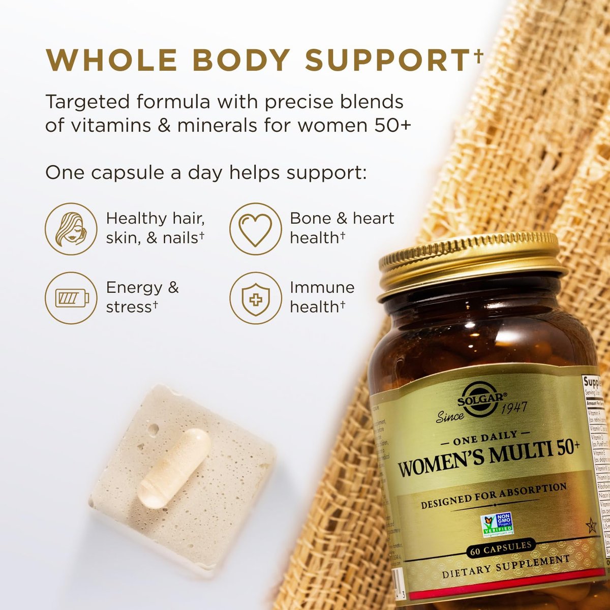 Solgar One Daily Women's Multi 50+ Whole Body Support for Women 50 and Older - Highly Absorbable Heart, Bone & Breast Health, Energy, Stress, Hair Skin & Nails Multivitamin, 60 Vegan Capsule Servings - görsel 2