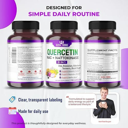 Quercetin Supplement with Bromelain, Vitamin C and Zinc, Nattokinase, NAC, Elderberry | 8 in 1 Ultra Antioxidant Complex for Immune Health | 150 Capsules