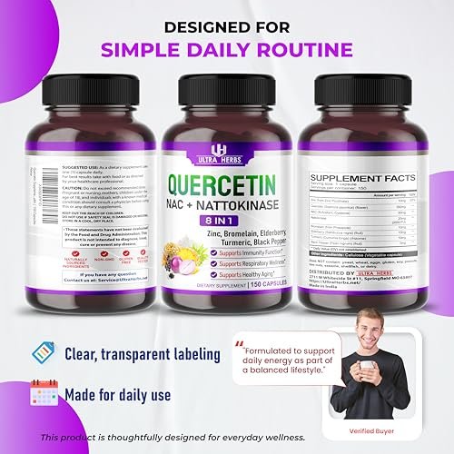 Quercetin Supplement with Bromelain, Vitamin C and Zinc, Nattokinase, NAC, Elderberry | 8 in 1 Ultra Antioxidant Complex for Immune Health | 150 Capsules - görsel 4
