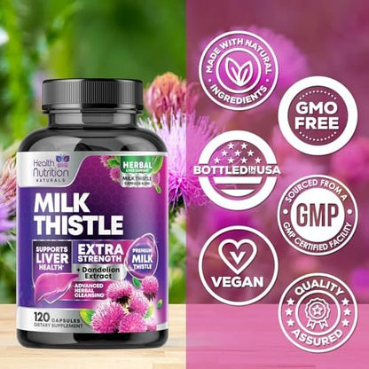 Milk Thistle Supplement - Advanced Liver Cleanse Detox & Repair with Dandelion Root Extract - Natural Milk Thistle Silymarin Marianum Extract Liver Health Support, Non-GMO, Bottled USA - 120 Capsules
