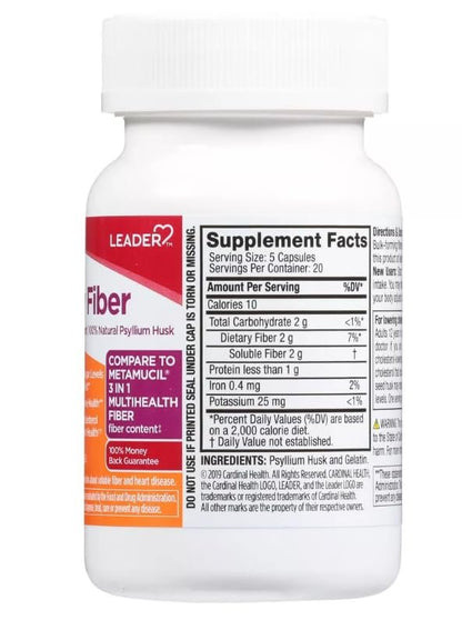Leader Daily Psyllium Husk Powder Supplement, 3-in-1 Fiber Digestive Health, Plant Based 100% Natural Psyllium Husk Fiber, Sugar-Free, Gluten Free, Non-GMO (Compare to Metamucil) 100 Capsules