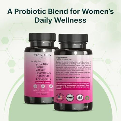 VINATURA Lactobacillus Rhamnosus, Reuteri, Gasseri, Plantarum, Crispatus, Acidophilus Probiotics - Probiotics for Women *USA Made & Tested* Women Vaginal Health, Gut and Digestive Health - 30 Capsules