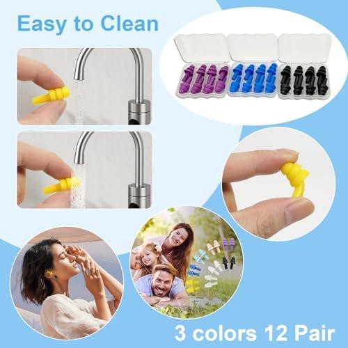 Ear Plugs for Sleeping,12 Pair Earplugs Noise Canceling Soft Silicone Ear Plug Reusable Earplugs for Sleep,Concert,Swimming,Study,Loud Noise,Snoring(Black Blue Purple) - görsel 9