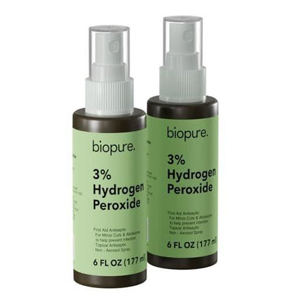 Biopure Hydrogen Peroxide 6 Fl Oz Spray – Convenient Non-Aerosol Spray Bottle with 3% Hydrogen Peroxide | Hydrogen Peroxide 3% First Aid Topical Antiseptic for Minor Cuts and Abrasions (2-Pack)