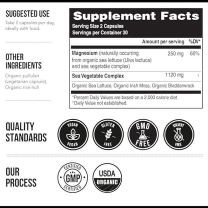 Organic Whole Food Magnesium Supplement - Plant-Based, Organic Sea Vegetable Complex - 250 mg Per Serving | Water Extracted | Gentle on Stomach | Supports Energy, Sleep, Muscle, Heart - 60 Capsules
