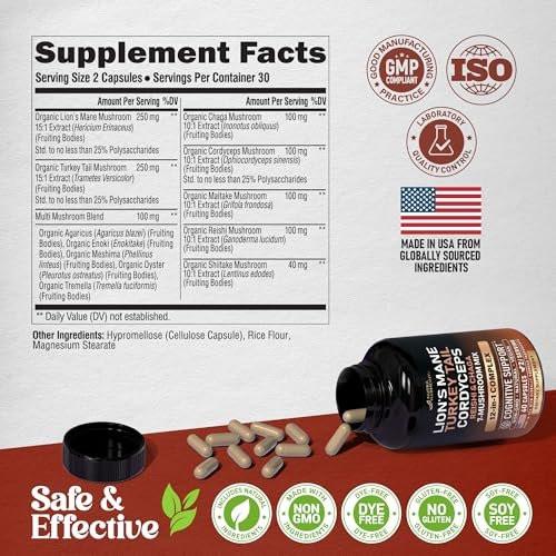 Mushroom Supplement - Organic Lions Mane | Turkey Tail | Chaga | Cordyceps | Reishi | Maitake | Shiitake | Meshima | Tremella | Oyster | Agaricus - for Women & Men - Non GMO, Gluten Free - 60 Capsules - görsel 3