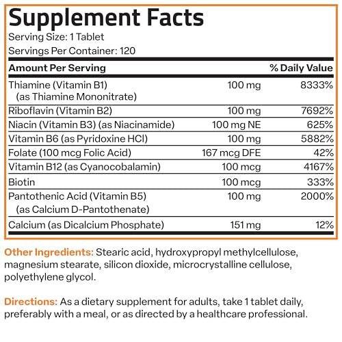 Bronson Super B100 Vitamin B Complex Sustained Release Contains All B Vitamins (Vitamin B1, B2, B3, B6, B9 - Folic Acid, B12), 120 Tablets - görsel 1