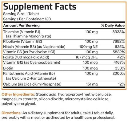 Bronson Super B100 Vitamin B Complex Sustained Release Contains All B Vitamins (Vitamin B1, B2, B3, B6, B9 - Folic Acid, B12), 120 Tablets