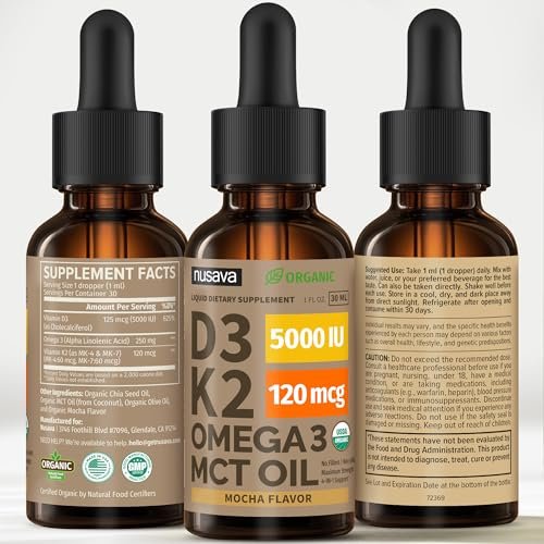 (2 Pack) Organic Vitamin D3 K2 Drops with MCT Oil & Omega 3 - Liquid Vitamin D3 5000 IU - K2 D3 Vitamin Supplement - Vitamin D Drops for Women & Men - No Fillers, Non-GMO, GMP, Mocha Flavor (2 Fl Oz) - görsel 1