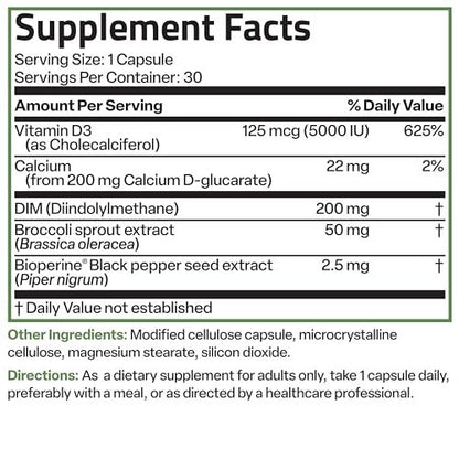 Bronson DIM Balance+ Calcium D-Glucarate, Broccoli Sprouts and Vitamin D3 200 MG of DIM per Capsule Supports Estrogen Metabolism and Balanced Hormone Levels Non-GMO, 30 Vegetarian Capsules