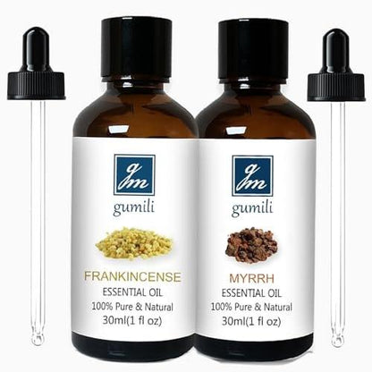 GM Gumili Frankincense and Myrrh Essential Oil Set, 2 Pack x 30ml, 100% Pure Undiluted Essential Oils for Diffuser, Aromatherapy, Meditation & Skin Care
