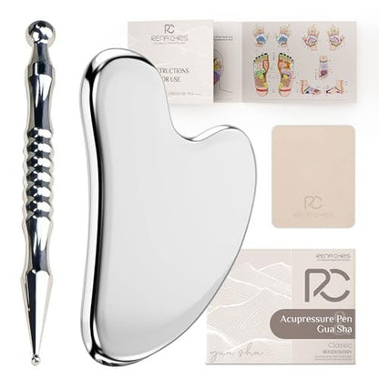 Rena Chris Acupuncture Pen and Gua Sha, Manual Reflexology Tools for Muscle Tension and Pain Relief, Acupressure Pen and Stainless Steel Gua Sha Set with Reflexology Chart, Easy to Use