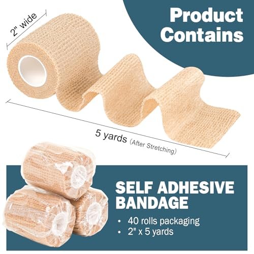 AZEN 40 Pack Self Adhesive Bandage Wrap, 2" – Self-Adhesive Technology: The cohesive material sticks to itself, – Image 1