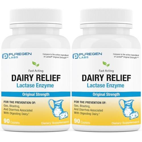 Puregen Labs Dairy Relief Natural Fast Acting Lactase Enzyme 3000 FCC, Lactose Intolerance Pills | 2 Pack - 180 Caplets Total - görsel 1
