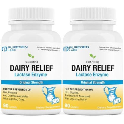 Puregen Labs Dairy Relief Natural Fast Acting Lactase Enzyme 3000 FCC, Lactose Intolerance Pills | 2 Pack - 180 Caplets Total