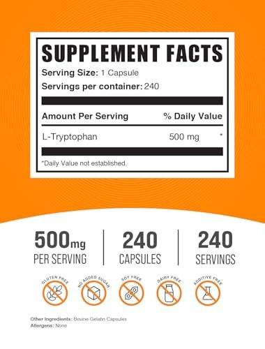 BulkSupplements.com L-Tryptophan Capsules - Tryptophan Supplement, L-Trptophan 500mg - Amino Acid Supplement, Gluten Free - 1 Capsule per Serving, 240 Capsules (Pack of 1) - görsel 3
