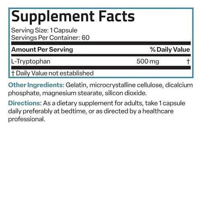 Bronson L-Tryptophan 500 MG High Potency Essential Amino Acid Supports Relaxation & Positive Mood Support Non-GMO, 60 Capsules
