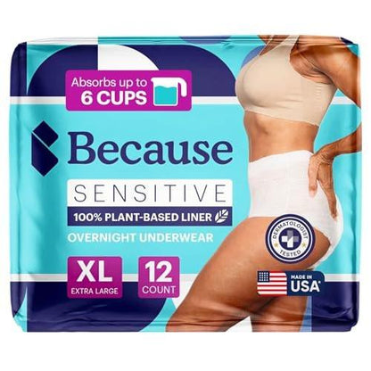 Because Adult Incontinence Underwear for Sensitive Skin - Women - Premium Overnight Disposable Briefs, Anti Odor - White, X-Large - Absorbs 6 Cups - 12 Count