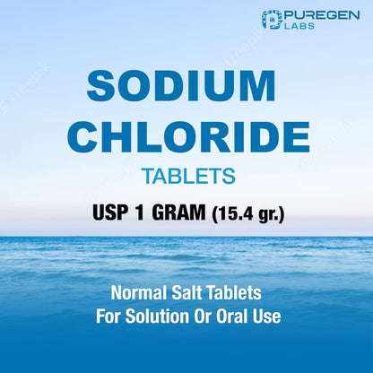 Puregen Labs Sodium Chloride Tablets 1 gm (1000 mg), USP | (15.4gr.) | 100 Count | Normal Salt Tablets | Electrolytes Replenisher Hydration Drink