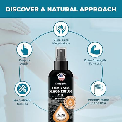 Aromasong Magnesium Spray Grapefruit - Extra Strength (23mg in Each Spritz) 8 Oz - Natural and Pure Magnesium Oil Spray - Made in The USA - for Leg Discomfort and Promotes a Calm Sleep