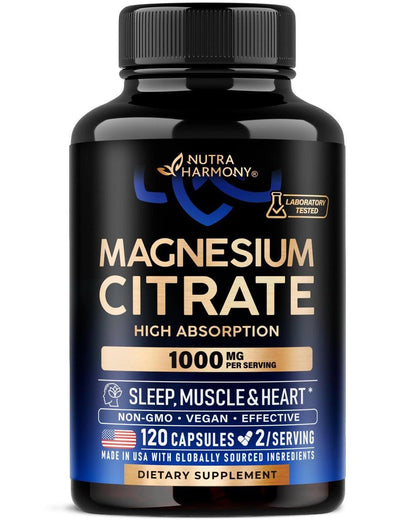 Magnesium Citrate Capsules 1000mg | High Absorption Supplement - Sleep, Muscle & Heart Support - Vegan | Non-GMO - for Women & Men - As Powder | Pills | Tablets - 120 Capsules, 2 Month Supply