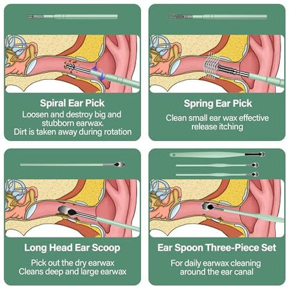 POZILAN Ear Cleaning Kit with LED Light - 15 Pack Ear Wax Removal Kit for Kids and Adults, Earwax Spoon Digger & Tweezers for Ear Cleaning Tool Present Set (Green)