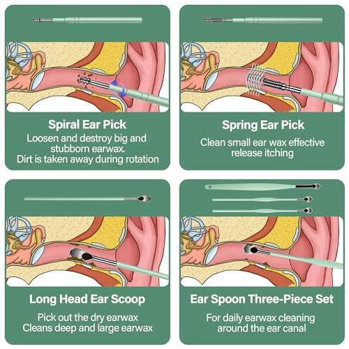 POZILAN Ear Cleaning Kit with LED Light - 15 Pack Ear Wax Removal Kit for Kids and Adults, Earwax Spoon Digger & Tweezers for Ear Cleaning Tool Present Set (Green) - görsel 1