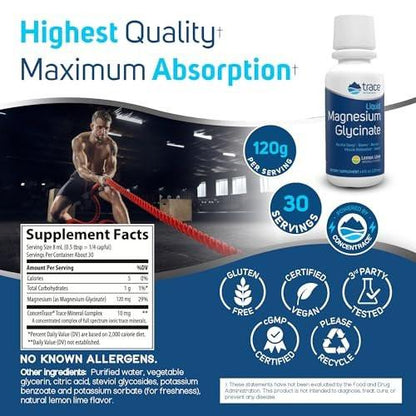Trace Minerals Magnesium Glycinate - Liquid Magnesium Glycinate for Bone, Nerve & Digestive Health - Supports Sleep Quality, Clarity & Focus - Gentle - Lemon Lime Flavor - 8 fl oz (30 Servings)