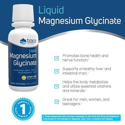 Trace Minerals Magnesium Glycinate - Liquid Magnesium Glycinate for Bone, Nerve & Digestive Health - Supports Sleep Quality, Clarity & Focus - Gentle - Lemon Lime Flavor - 8 fl oz (30 Servings)