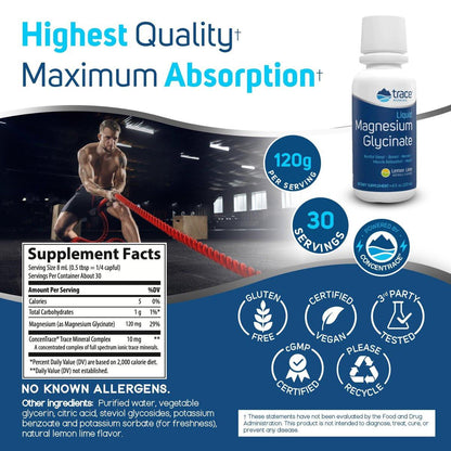 Trace Minerals Magnesium Glycinate - Liquid Magnesium Glycinate for Bone, Nerve & Digestive Health - Supports Sleep Quality, Clarity & Focus - Gentle - Lemon Lime Flavor - 8 fl oz (30 Servings)